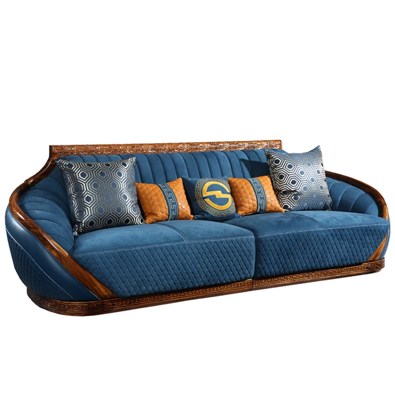 Modern new Chinese-style all-solid wood matte leather sofa combination, large apartment ebony wood furniture