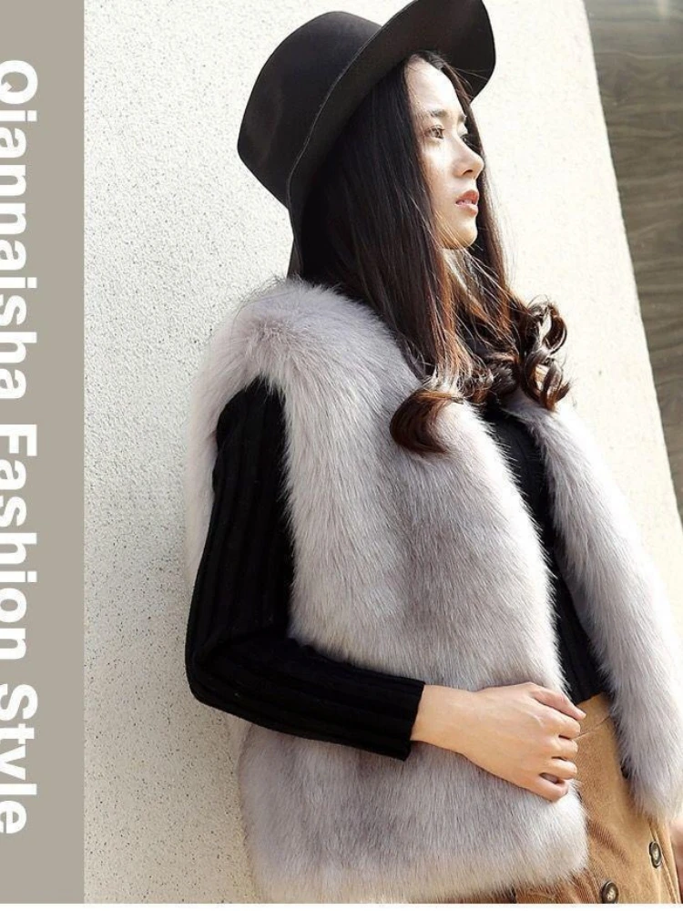 Otoño Invierno nuevo elegante versátil mujer Color sólido Chaleco de piel sintética abrigo versión coreana suelta Casual Camiseta sin mangas de piel sintética