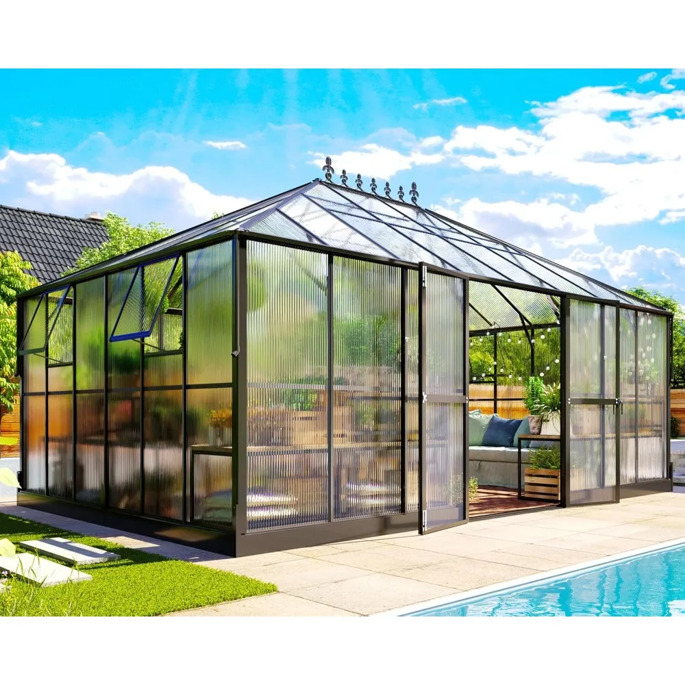 Polycarbonate Greenhouse -6-Foot Wall High Outdoor Aluminum Greenhouse with Ventilation and Rainwater Sink, Hooked Double Doors