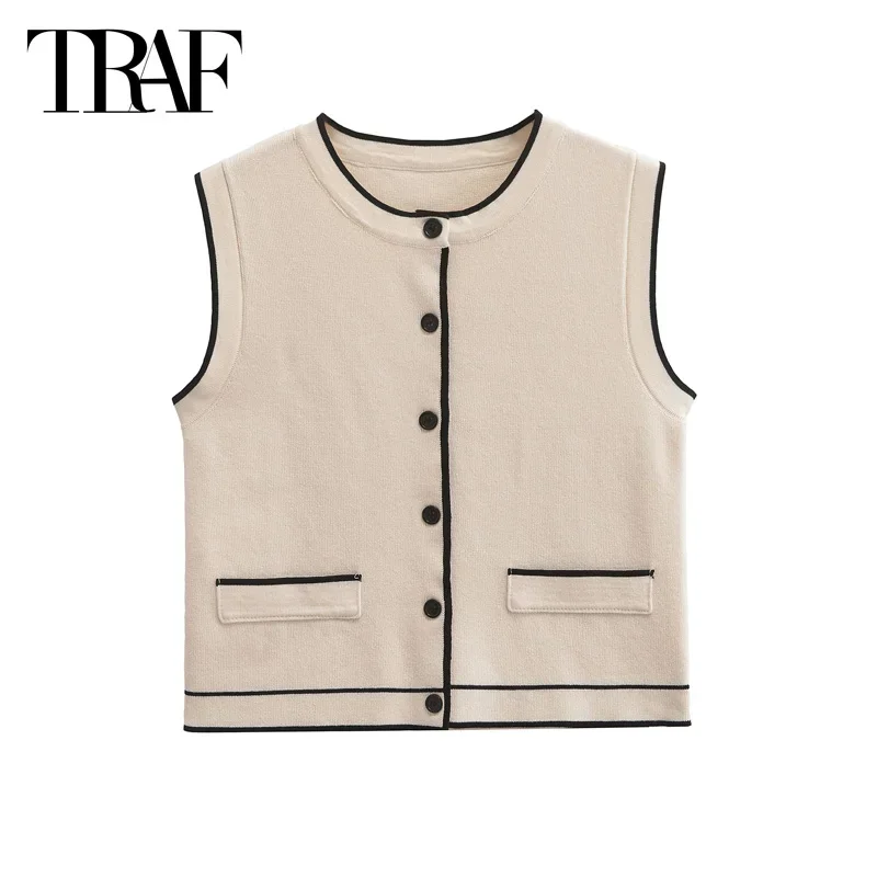 TRAF Cropped Striped Vest 2024 Autumn Elegant Women\'s Short Tank Vest Tops Ladies Fashoin Casual Beige Sleeveless Waistcoats