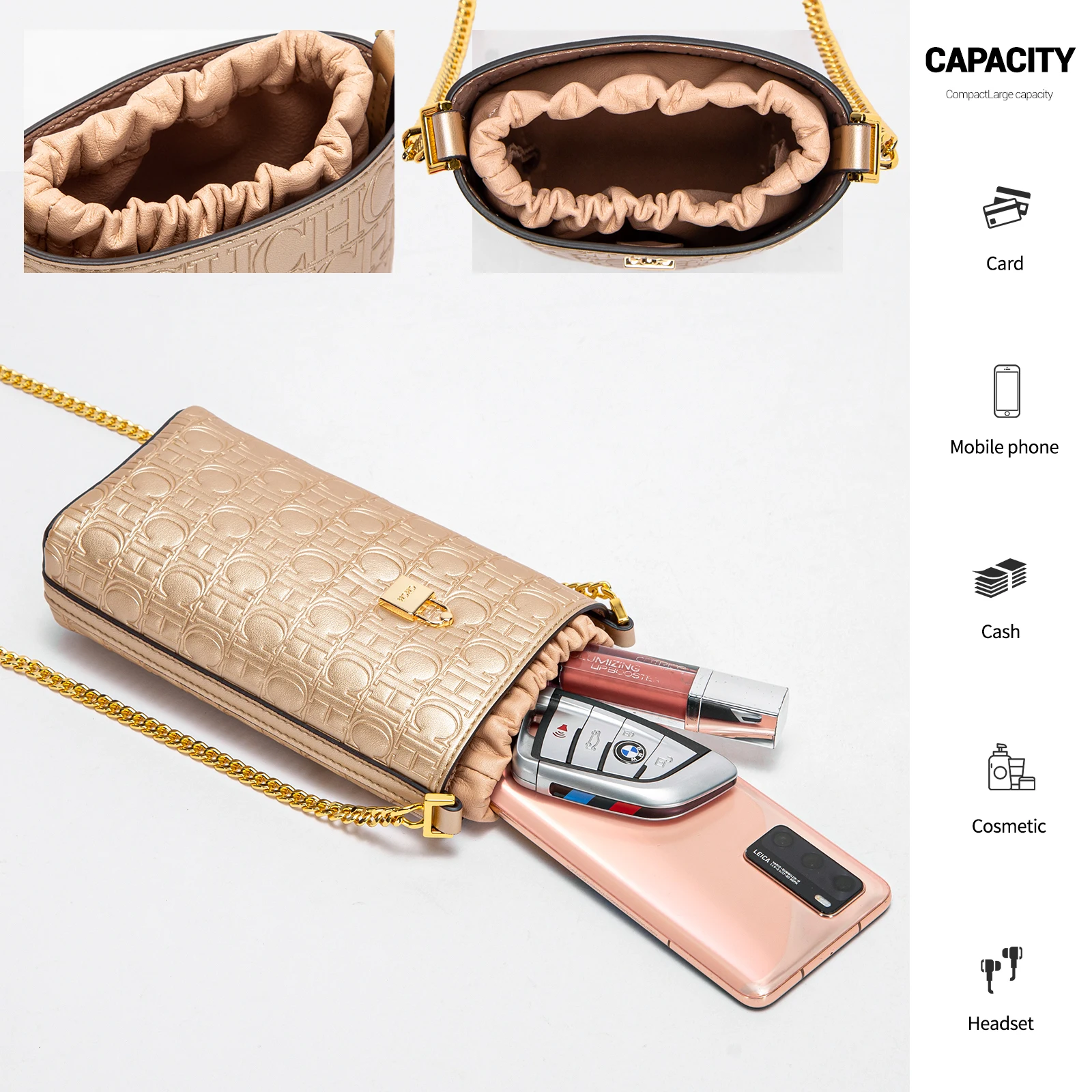 レザー ショルダー バッグエンボス モチーフヴィンテージ風のデザイン、ゴールド調のロック、テクスチャード チェーン、シックな機能的なディテール