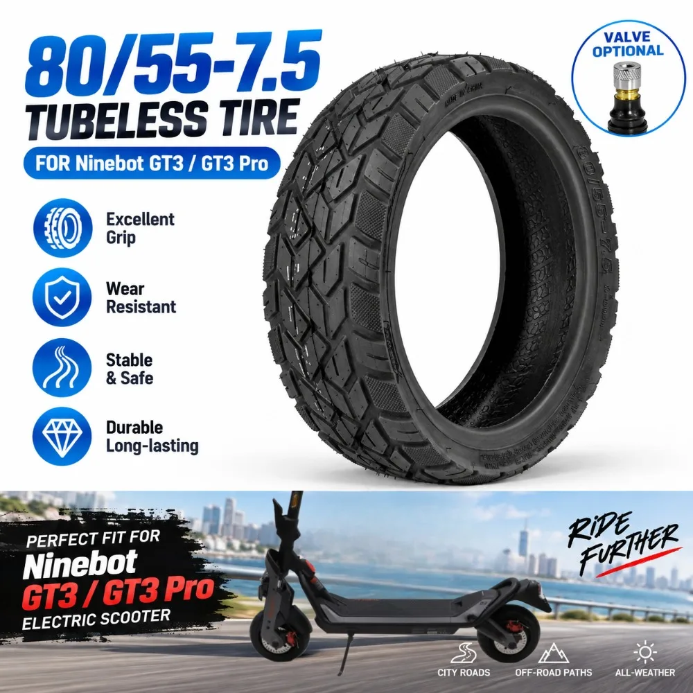 80/55-7.5 Tubeless Tire for Segway Ninebot GT3 GT3 Pro, 11-Inch Scooter Replacement Outer Tire with Optional Valve