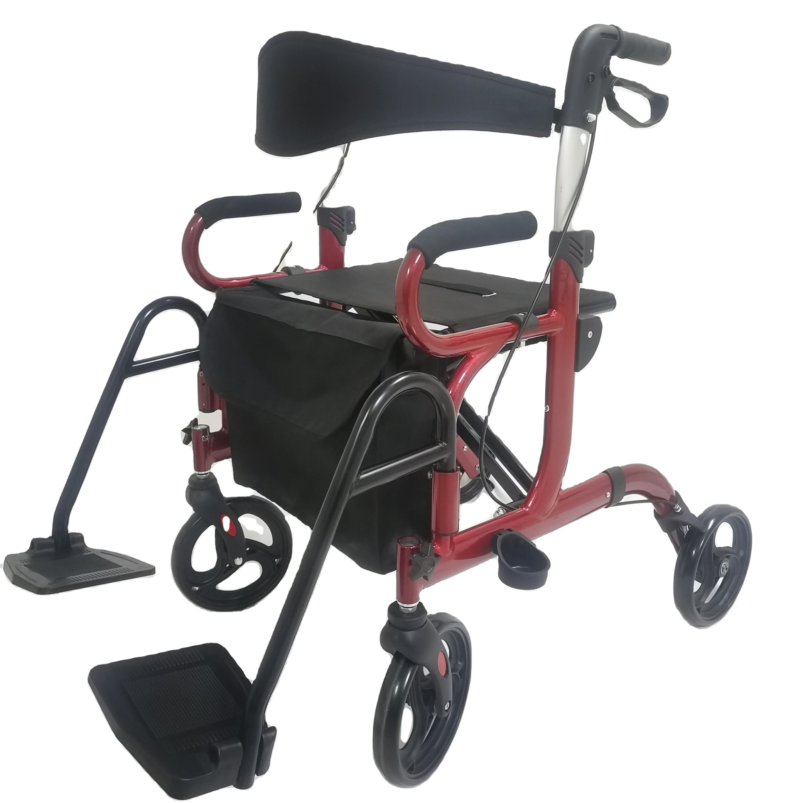 Modern Rollator Transport Chair Two in One Aluminum Lightweight Rollator Walker with Reversible Backrest Folding Transport Chair