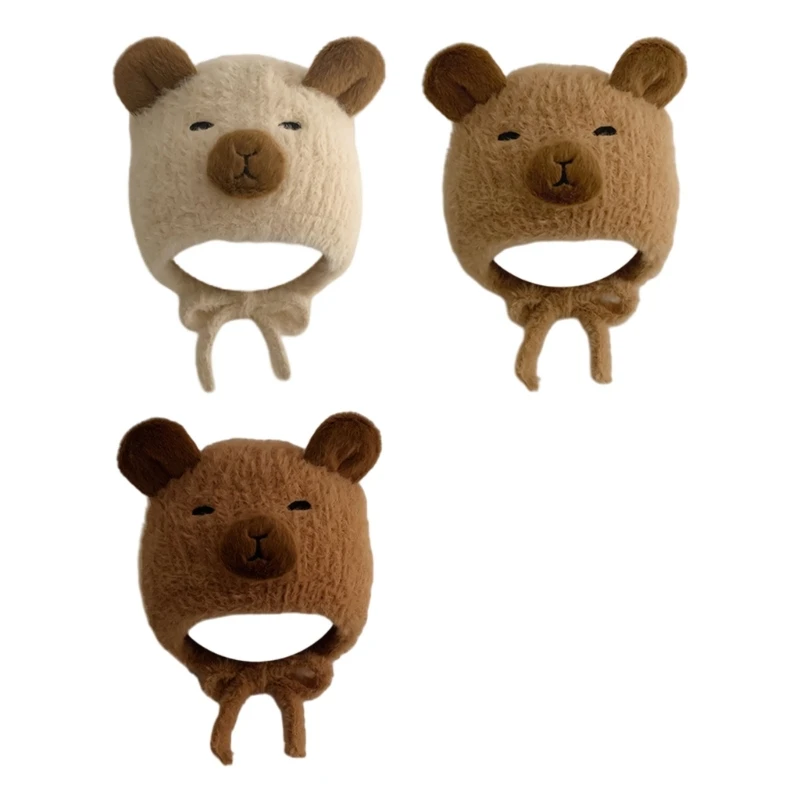 Cartoon Bear Crochet Caps with Ear Protection Baby Hat Knitted Winter Hat Skiing Camping Hat Infant Bonnet New Dropship