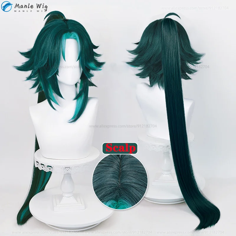 Xiao Genshin Cosplay Perruque pour Femme, Perruques Anime, Cheveux Synthétiques, Vert Mixte, Degré de Chaleur, 40cm, 85cm, 100cm