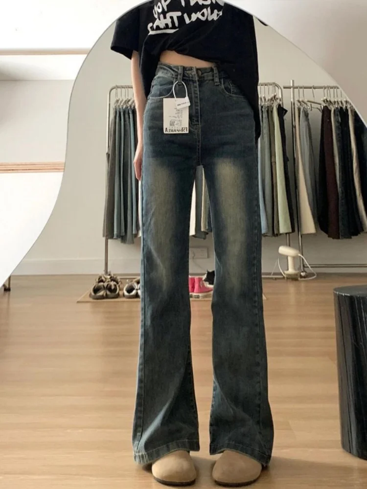 

American Style High Waist Bell Bottom Denim Jeans Women's Stretchy Blue Faded Wide Leg Pants Casual Wear Resistant Trousers