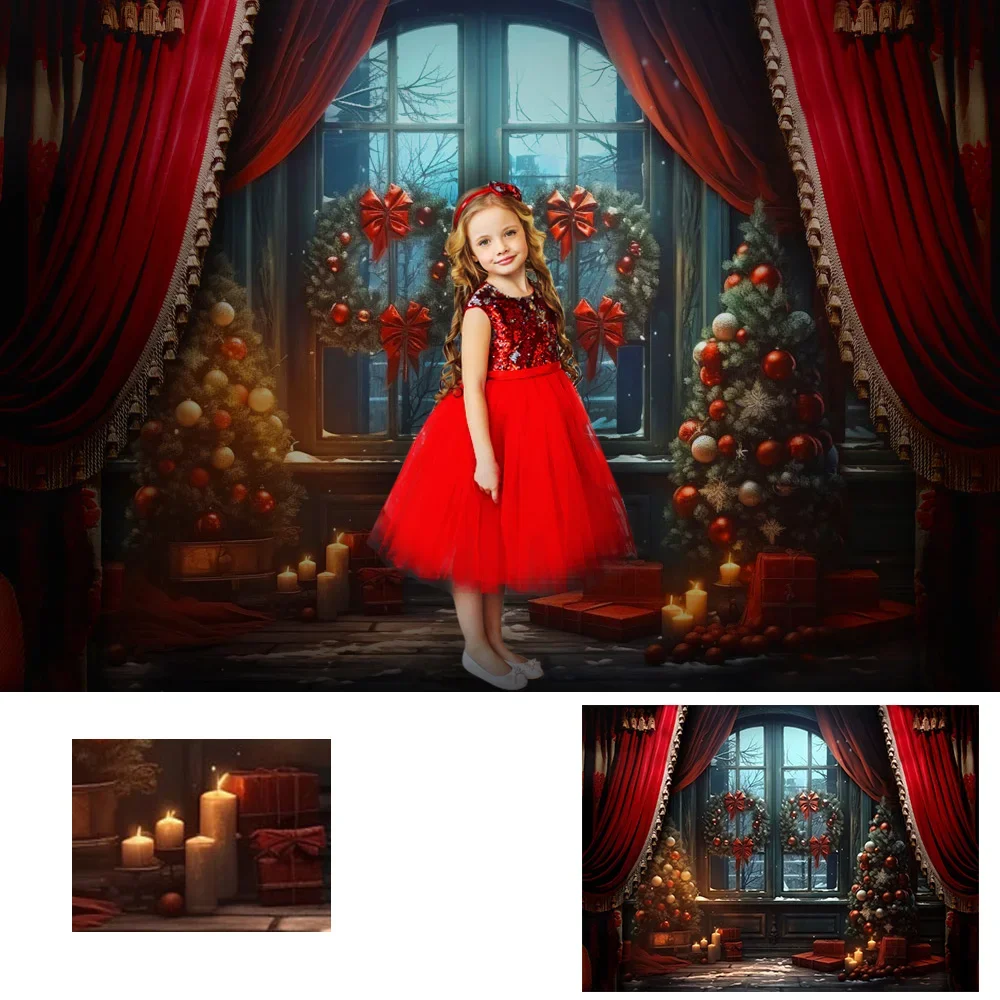 

Merry Christmas Night Party Background Banner Retro Red Green Curtain Lights Decoration Backdrop Prop Studio Photoshoot Supplies