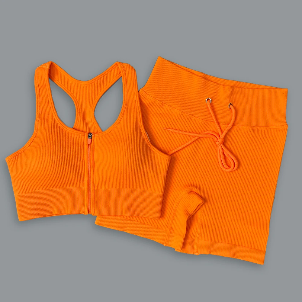 Women Yoga Set Workout Sportswear Gym Clothing Sport Set Sports Bra Shorts Workout Outfit Rib knitting Gym Suit Female Clothes