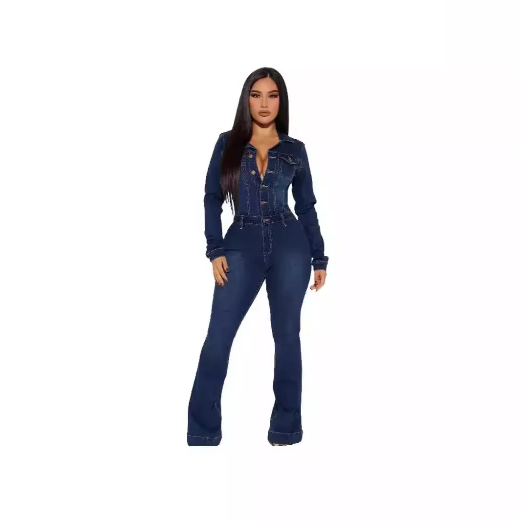 

Lapel Single-breasted Slim-fit Women Fashion Solid Color Waist Long-sleeved Denim Jumpsuit Overall Pants
