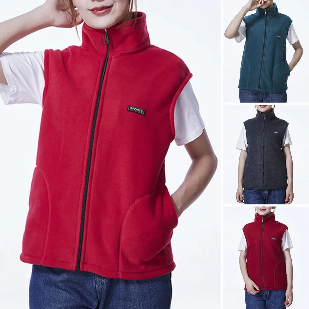 

Women Winter Fall Vest Stand Collar Sleeveless Vest Coat Zipper Closure Cardigan Thick Plush Mid-aged Mother Waistcoat