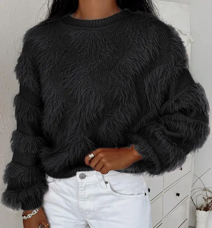 Winter Women\'s New Fashion Casual Fluffy Tassel Design Long Sleeve Round Neck Acrylic Sweater Pullover Jumper Solid Top 2023