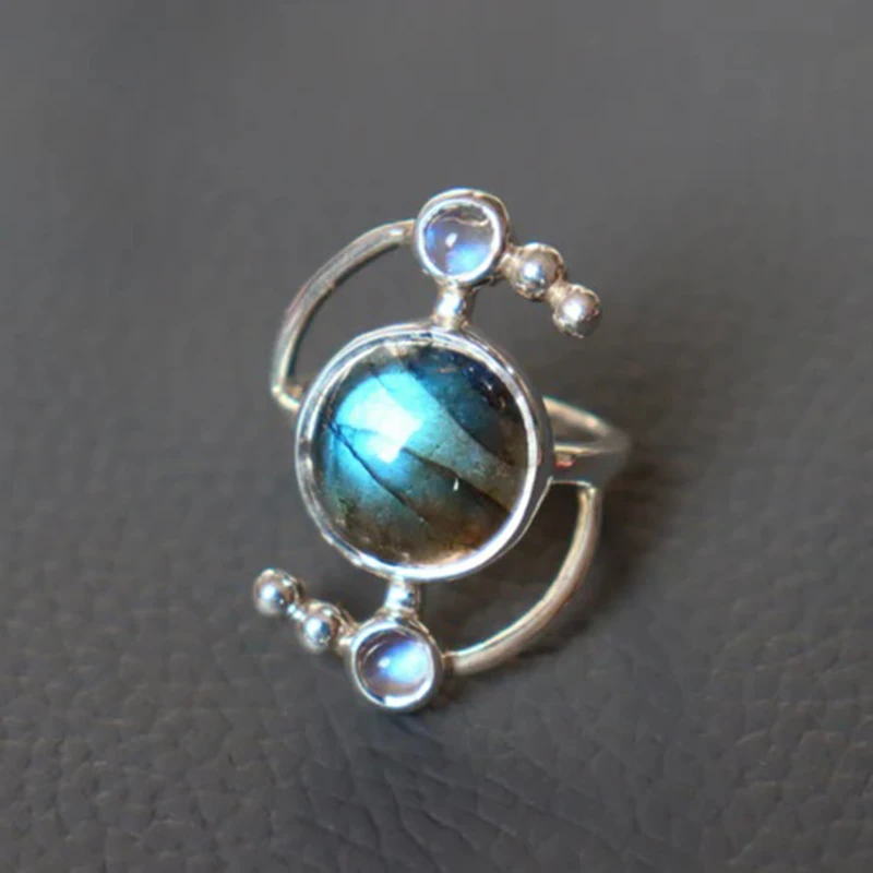 Inspired Round Shaped Labradorite Three Stone Ring Sterling Silver Plated Adjustable Copper Rings for Woman Girl Promise Gifts