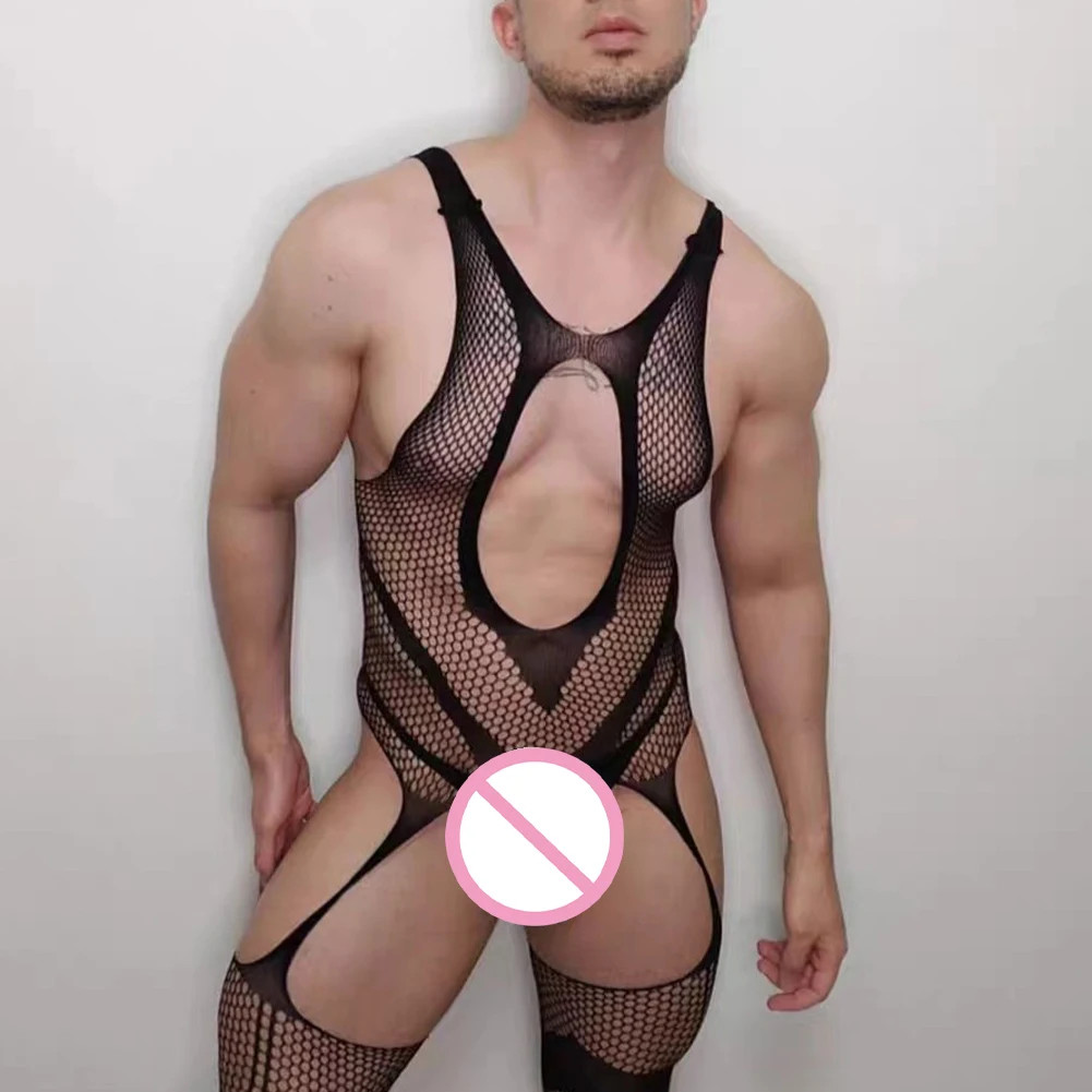 Men's Sexy Full Bodysuits Hollow-Out Fishnet Sissy Jumpsuit Open Crotch Bodystocking Sexy Transparent Lingerie Night Club Wear