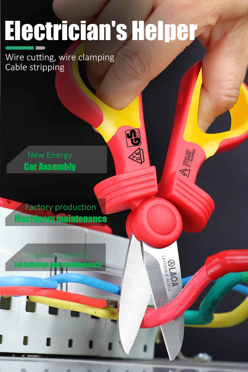 LAOA VDE Elektrikerschere 1000 V isolierter Kabelschneider, gebogene Drahtschere, Crimpwerkzeuge – Detail 5