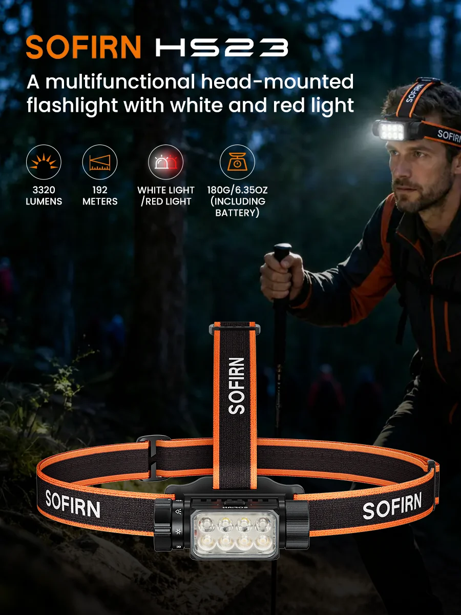 Latarka czołowa SOFIRN HS23, mocna dioda LED, bateria 21700, 3320LM, 4 tryby świecenia, ładowanie Type-C, zasięg światła 192M, z czerwonym światłem. — 2
