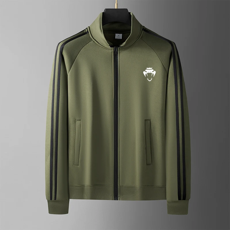 Men Casual Sports Track  Stand Collar Full Zip 3  Stripes  Logo Print Long Sleeve Sportswear Male Training Street Outer Coat