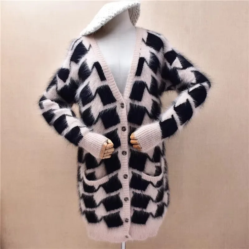 Ladies Women Autumn Winter Fashion Houndstooth Hairy Mink Cashmere Knitted V-Neck Long Sleeves Loose Cardigans Sweater Jacket