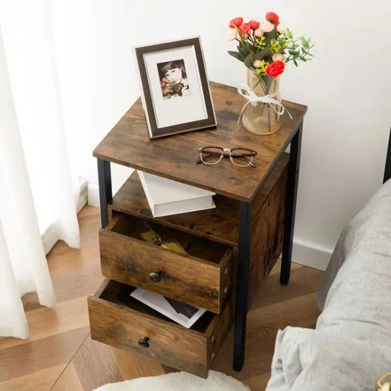 

#c Industrial Style Square Nightstands Set of 2, Retro Bedside Table With 2 Drawers and Charging Station Bed Side Table for Bedr