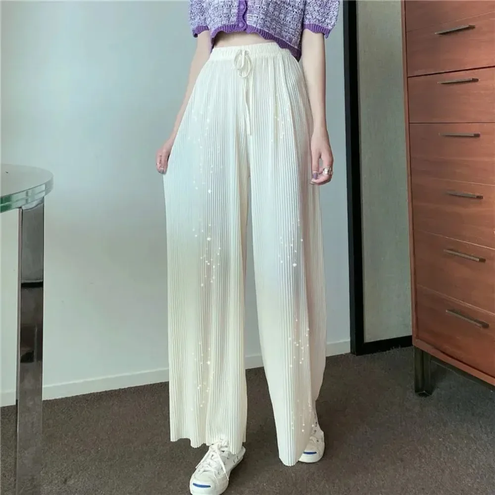 Sparkling Drap Pants 2022 Starry Sky Wide Leg Pants Diamond Trouser Casual Beach All-match Thin Pleated Culottes Breathable Soft