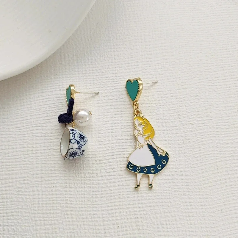 Carton Fairy Tale Princess Alice Asymmetry Earrings Imitation Pearl Blue Heart Dangle Earrings Cute Girls Enamel Earrings image 4