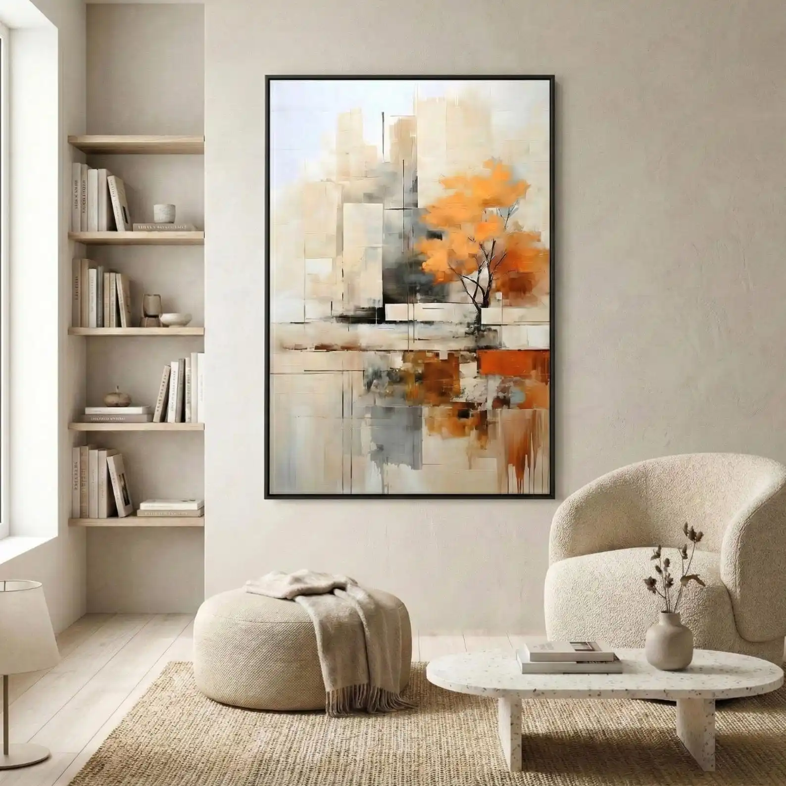 Mhemyo Neutral Abstract Expressionism Hand Painted Oil Painting Decor Textured Orange Tree Modern Beige Artwork For Living Room