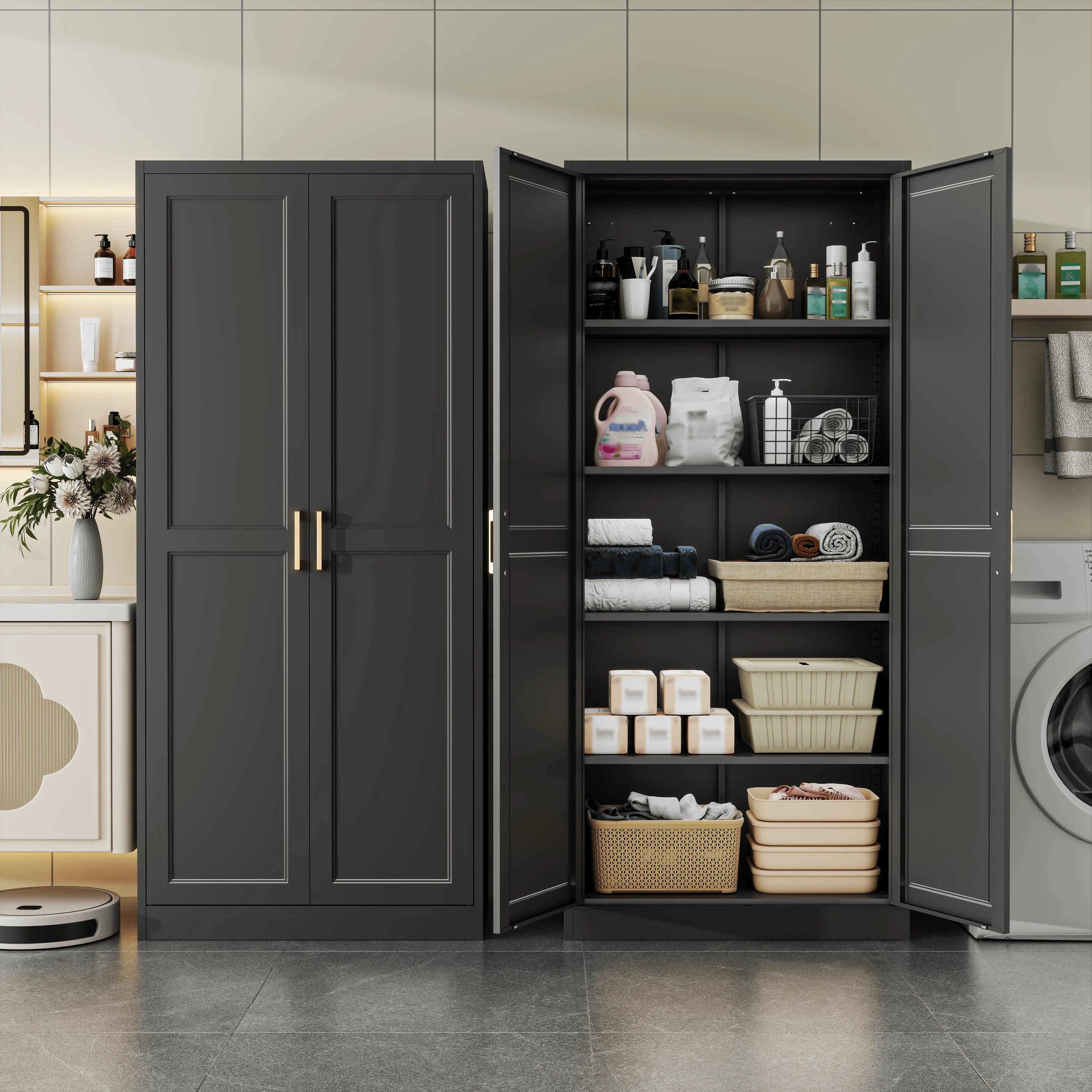 Polup 71" Metal Kitchen Pantry Cabinet Tall Storage Cabinet with Doors and Shelves Black