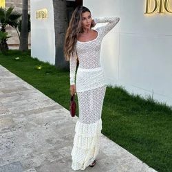 White Lace Ruffle Skirt Set Women Sexy See Through Slim Evening Party Outfit Autumn Long Sleeve Top and Maxi Skirt Two Piece Set