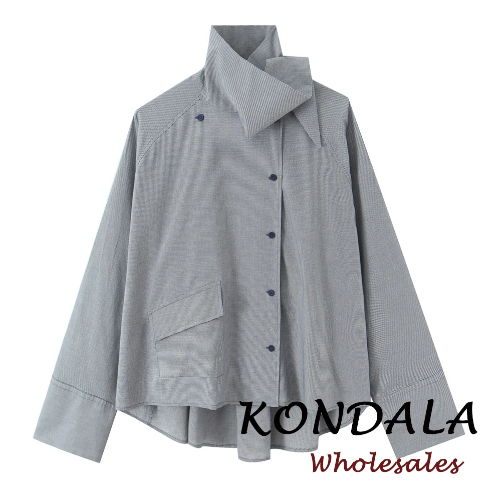 KONDALA Vintage Karierte Damen Streetwear Mode 2026 Lässige Hemden Frühling Locker Langarm Asymmetrisch Schick Damen Graue Hemden