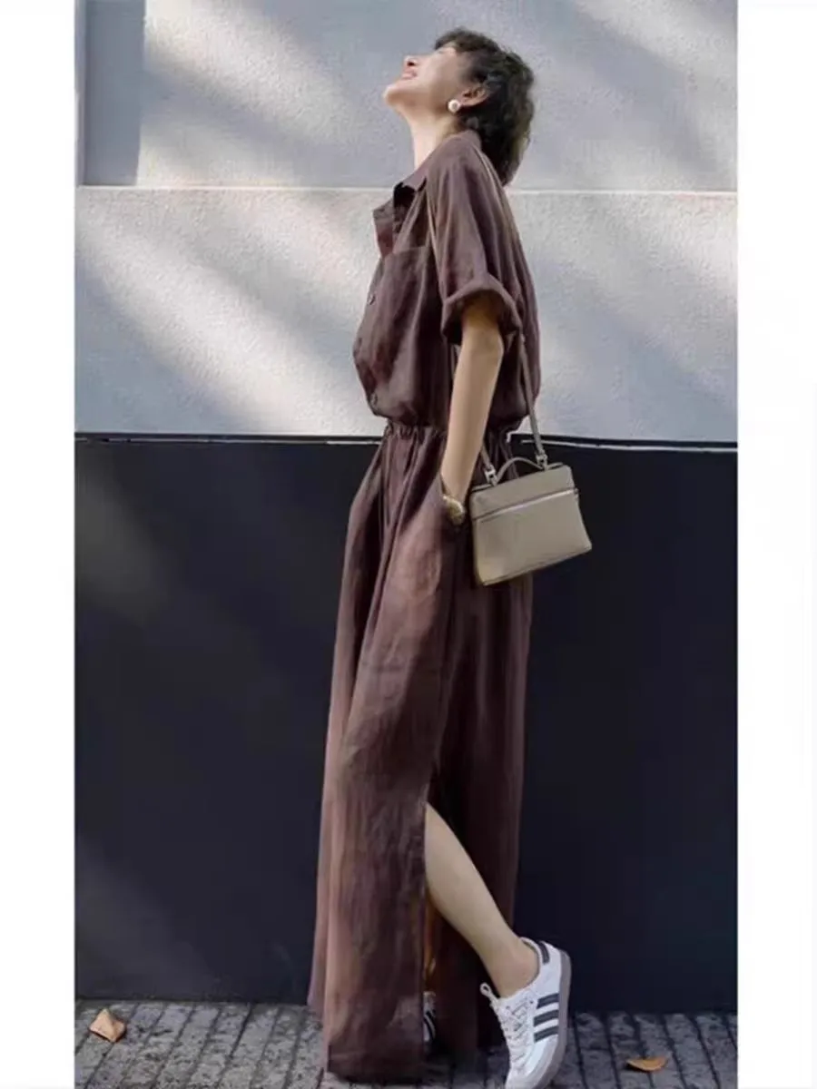 فستان كتان ريترو مع رباط خصر مرن ومزاج تنحيف مقاس كبير قميص نسائي فضفاض بأكمام قصيرة فستان طويل