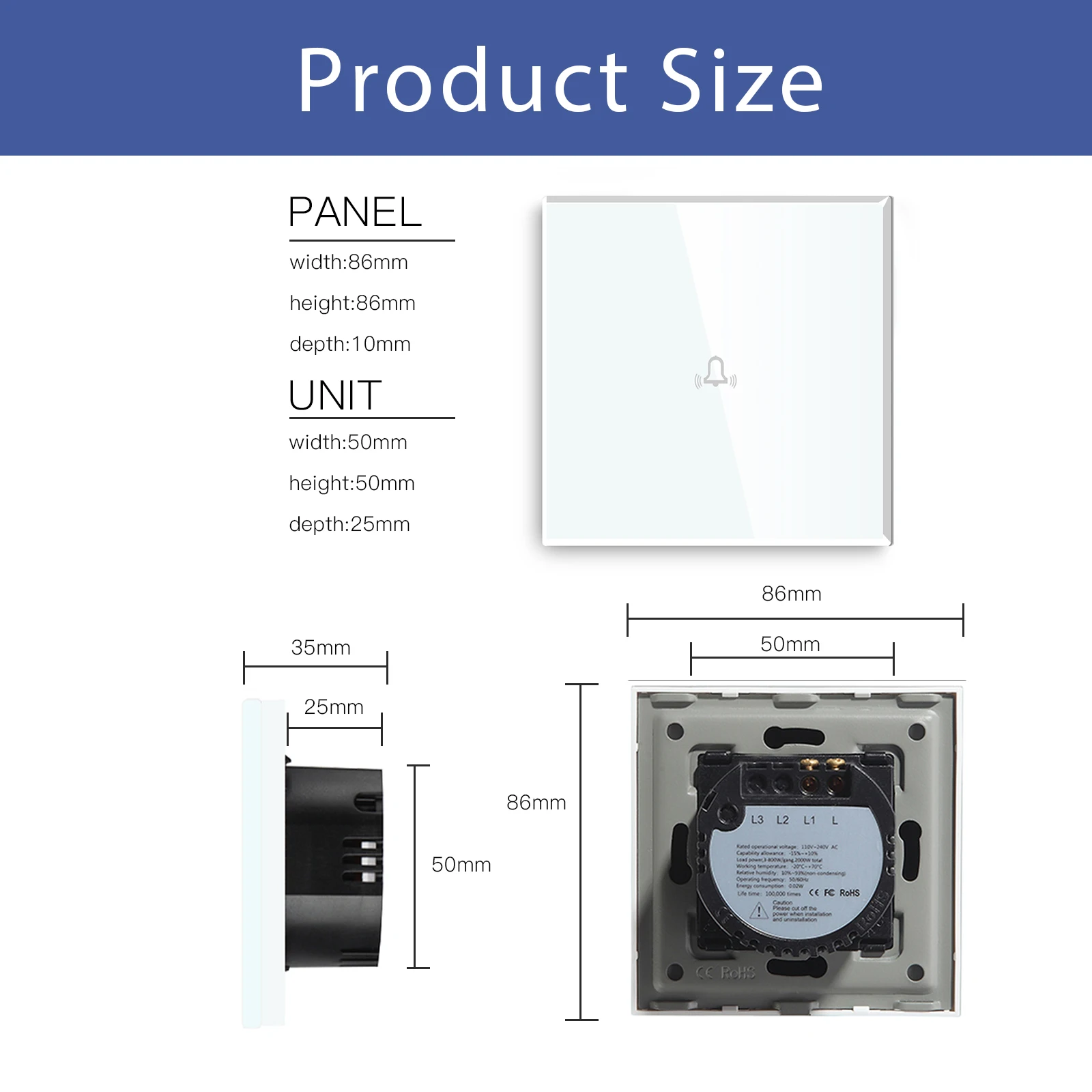 BSEED Touch Screen Doorbell Switch LED Backlight Indicator Wall Switches Glass Panel Door Bell Switch 86*86mm Home Inprovement