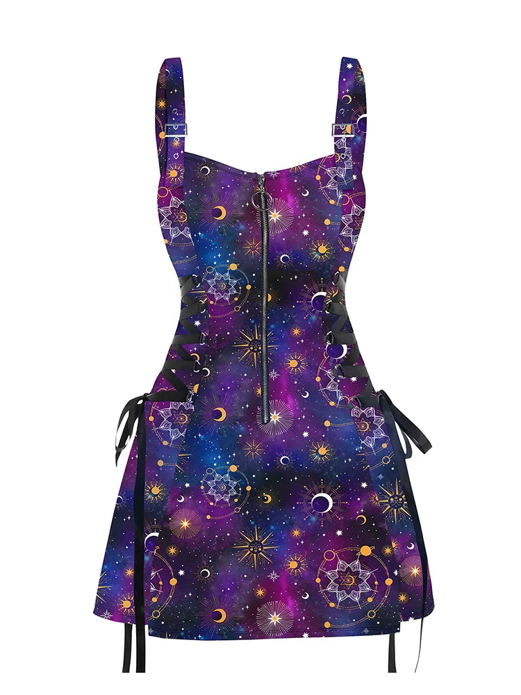 Galaxy Sun Star Print Dress Half Zipper Lace Up High Waisted Strap A Line Mini Dress Summer Dresses for Women 2024 Sundress