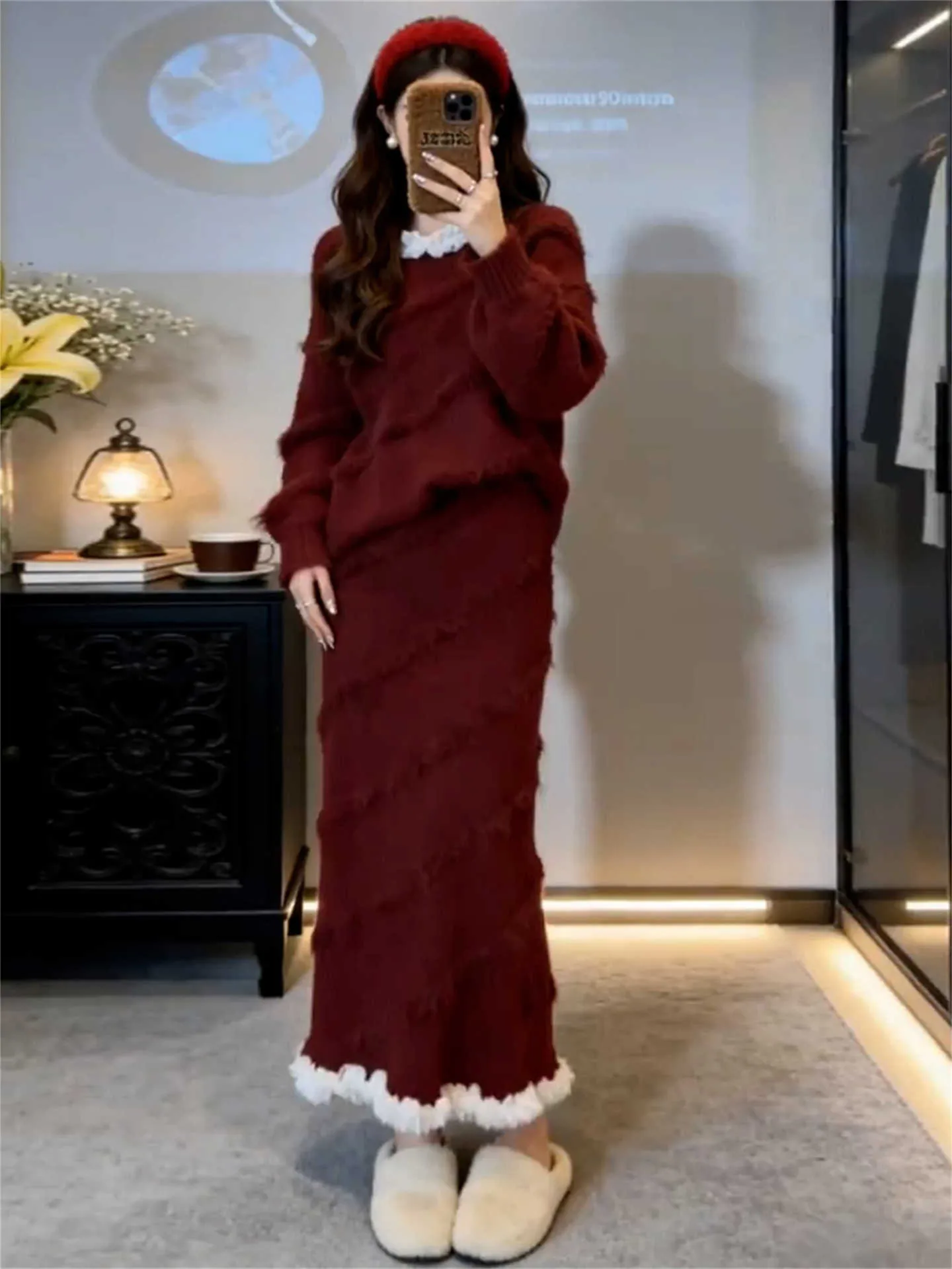 

Comfortable Red Long Sve round Ne Sweater Set Casual Sle Women's Faion Spring Collection Two-Piece Suit Wear Resistant