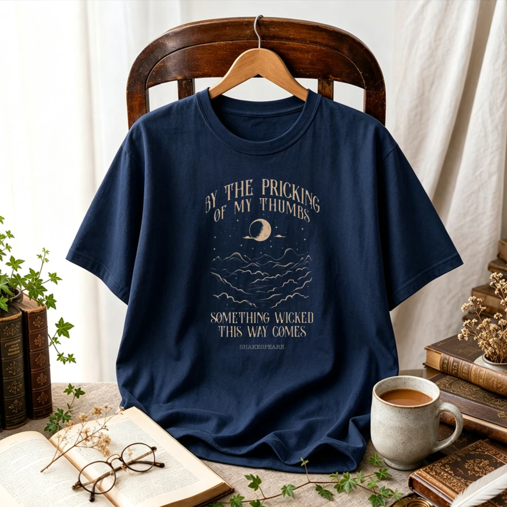 Women Something Wicked This Way Comes Shakespeare Mountain Moon Graphic T-Shirt Dark Academia Tee Vintage Bookish Gothic Tops
