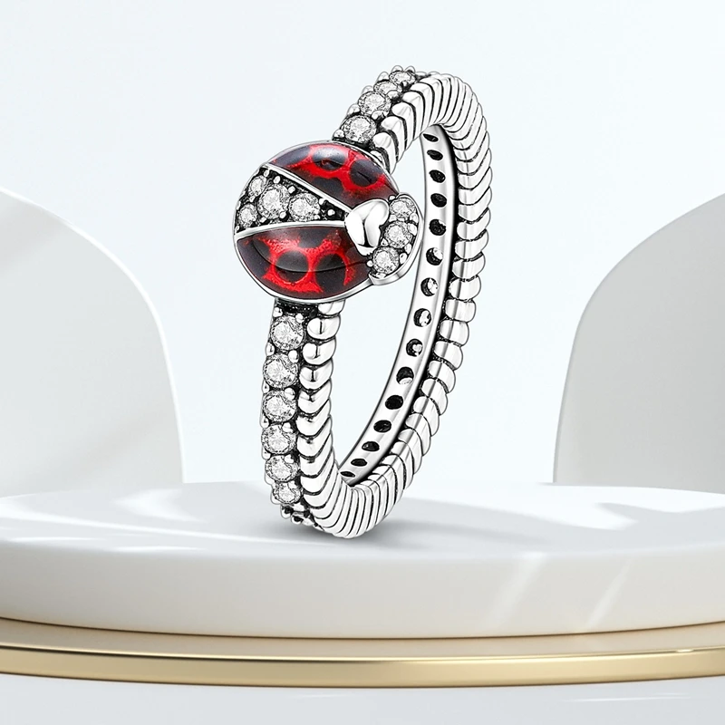 Original 925 Sterling Silver Ladybug Orbit Set Rings For Women Girls Jewelry Birthday Anniversary Gifts