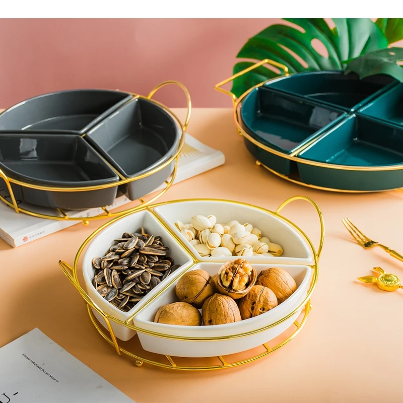 

Multi Grid Ceramic Snack Dessert Platter Fruit Trays Metal Stands Home Desktop Snacks Candy Storage Tray Dried Nuts Plates