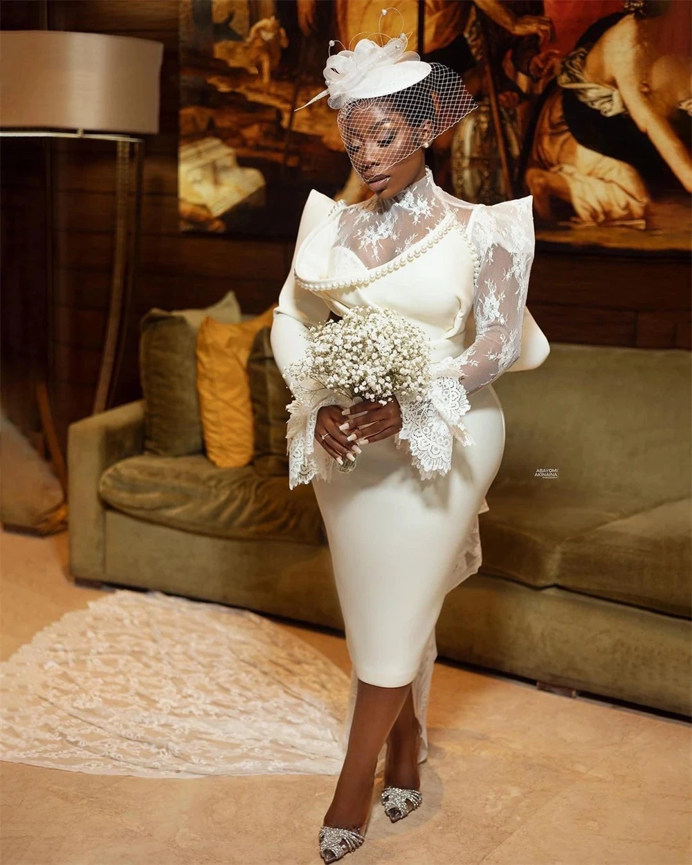 

Elegant Ivory Sheath Wedding Dress Tea-Length Pearls Beading High Collar Long Sleeves Bridal Reception Gown Customized
