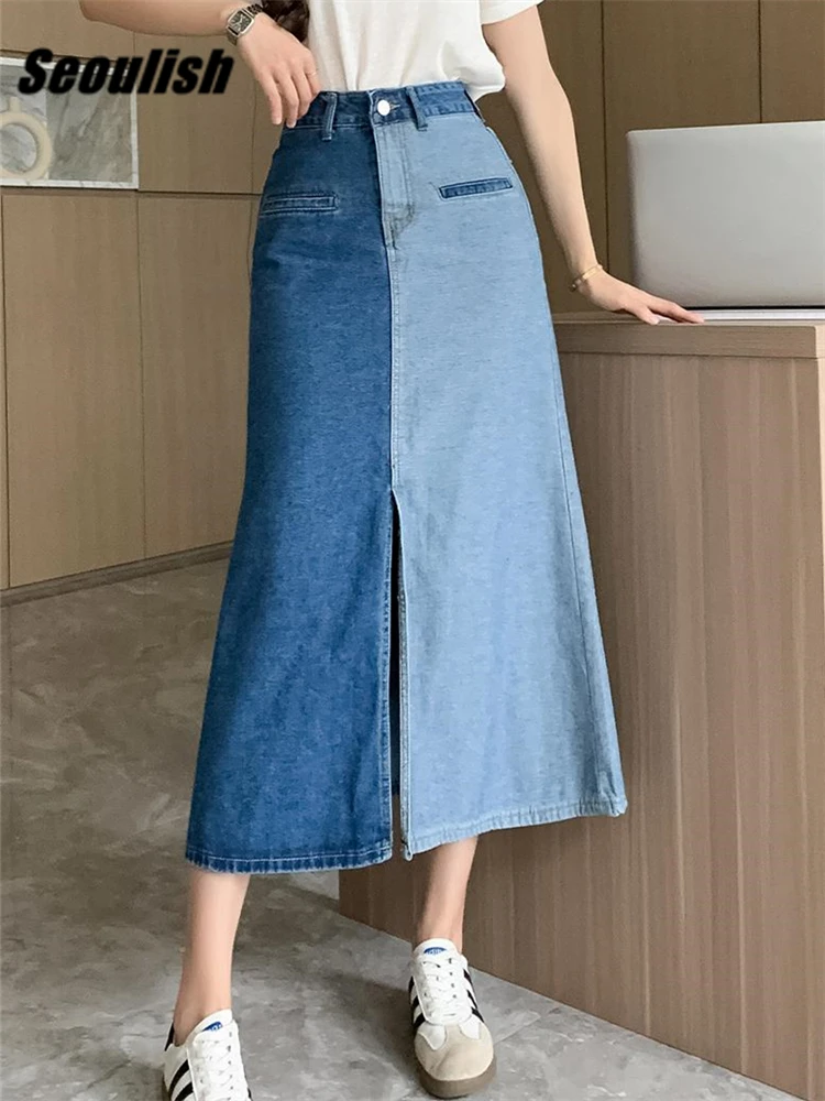 

Seoulish High Waist Front Split Patchwork Women's Denim Wrap Skirts Spring Summer Vintage Blue Cowboy Jean Skirt Female 2023 New