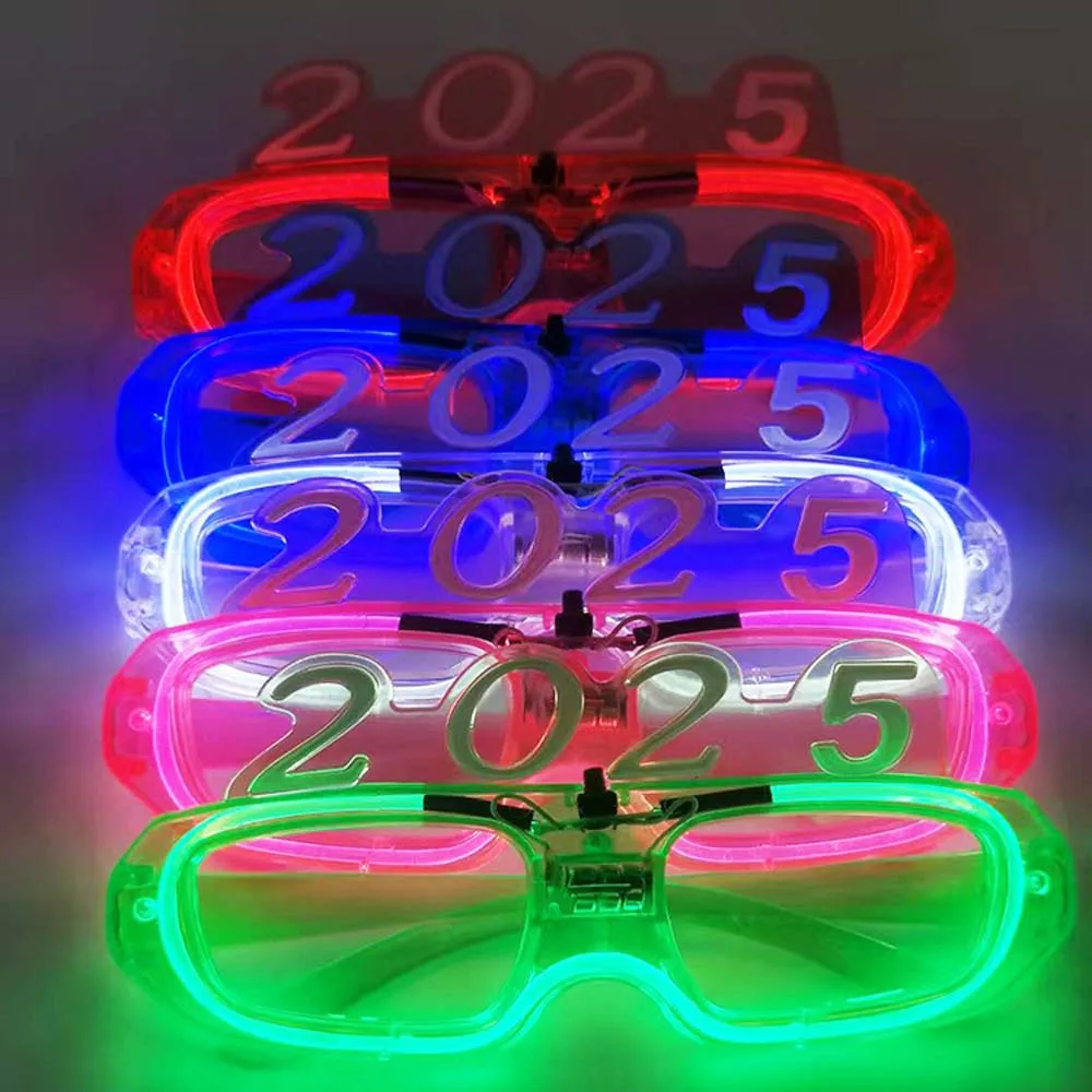 LED Glow 2025 Happy New Year Glow Glasses Photographic Ornaments Light Up 2025 LED Glow Glasses Plastic Number Letter