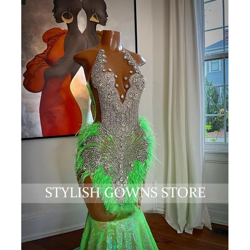 Elegant Fruit Green Mermaid Prom Dress For Women Sparkling Crystal Beaded Feather Applique Formal Occasion Party Dresses Custom