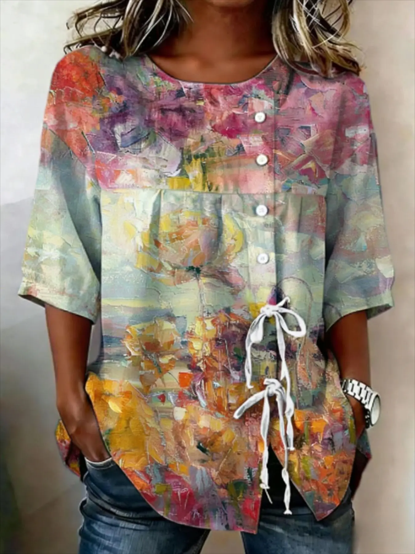 Women's Spring Summer 3D Printed Button Front Drawstring Bohemian Blouse, Vintage Paisley Mandala Ethnic Contrast Print Top