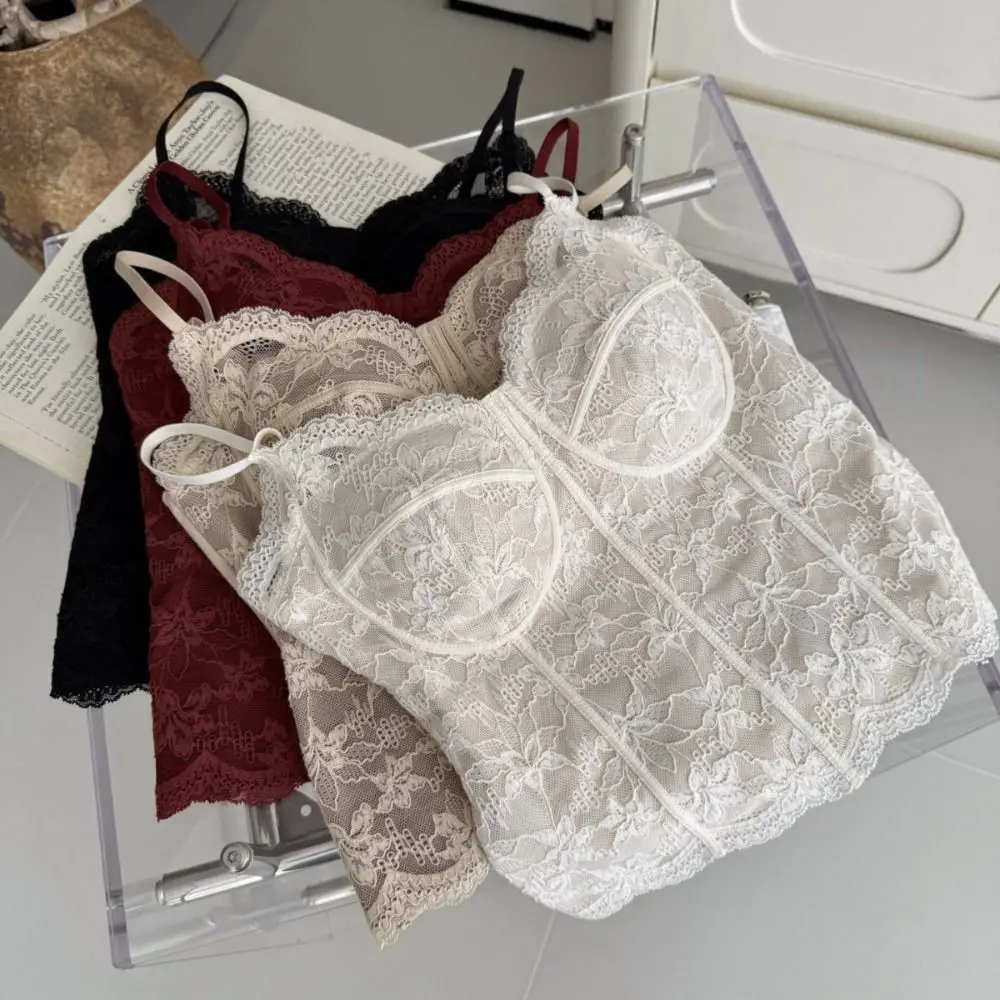 Chic Mesh Flower Slim Lace Crop Top Bottoming Shirt Sweet Girl's Vest Top Spicy Girls Style Summer Camisole with Pads Women