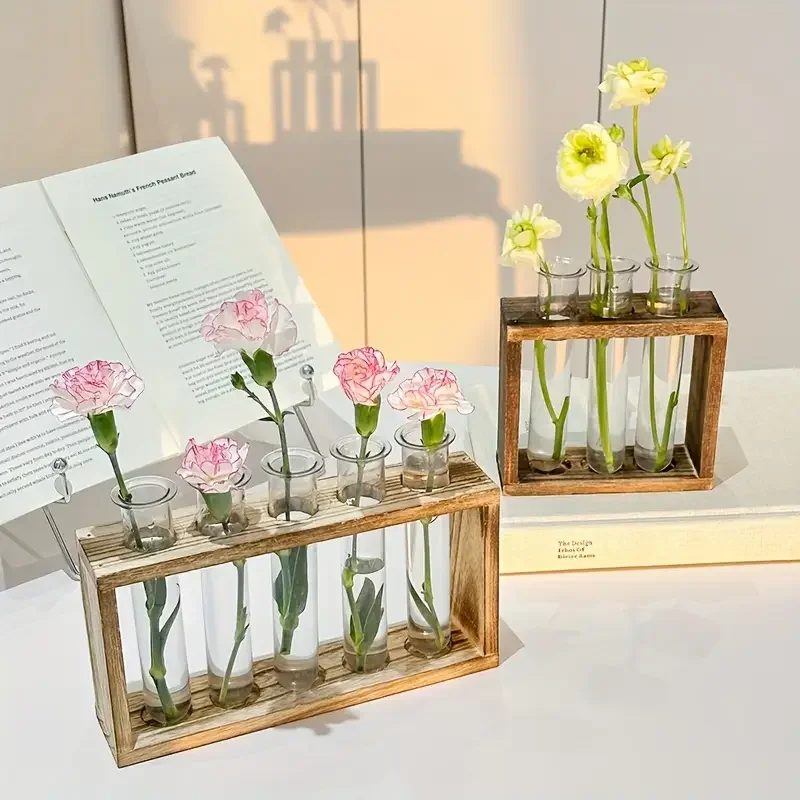 Creative Retro Hydroponic Green Plant Test Tube Vase Series Wooden Frame Vase Office Desktop Decoration Home Decoration