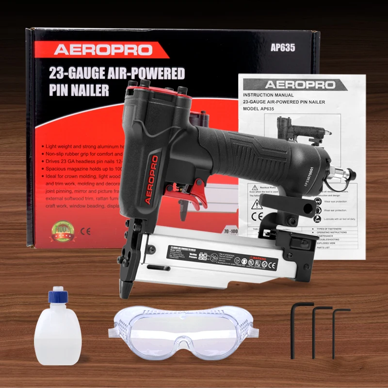 AEROPRO AP635 Pin Nailer 23 Gauge Air Power Pin Nailer 1/2”-1-3/8” Ideal for Cabinets Paneling Craft Work Picture Frame Assembly