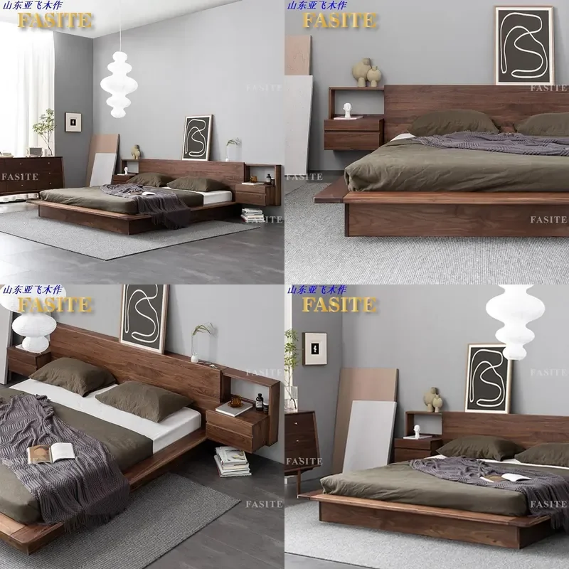 For 1.8m Japanese Style Solid Wood Black Walnut Tatami Bed Simple Modern Nordic Log Double Bed for Bedroom Marriage Use