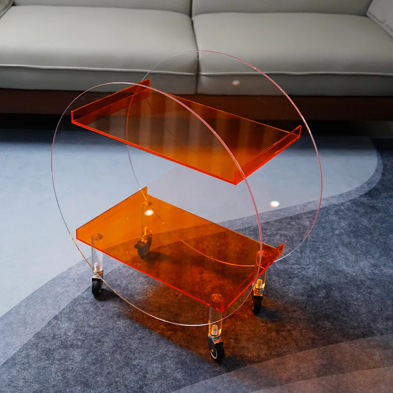 Acrylic living room round coffee table rack trolley, Nordic style light luxury movable side rack, push-pull dining cart