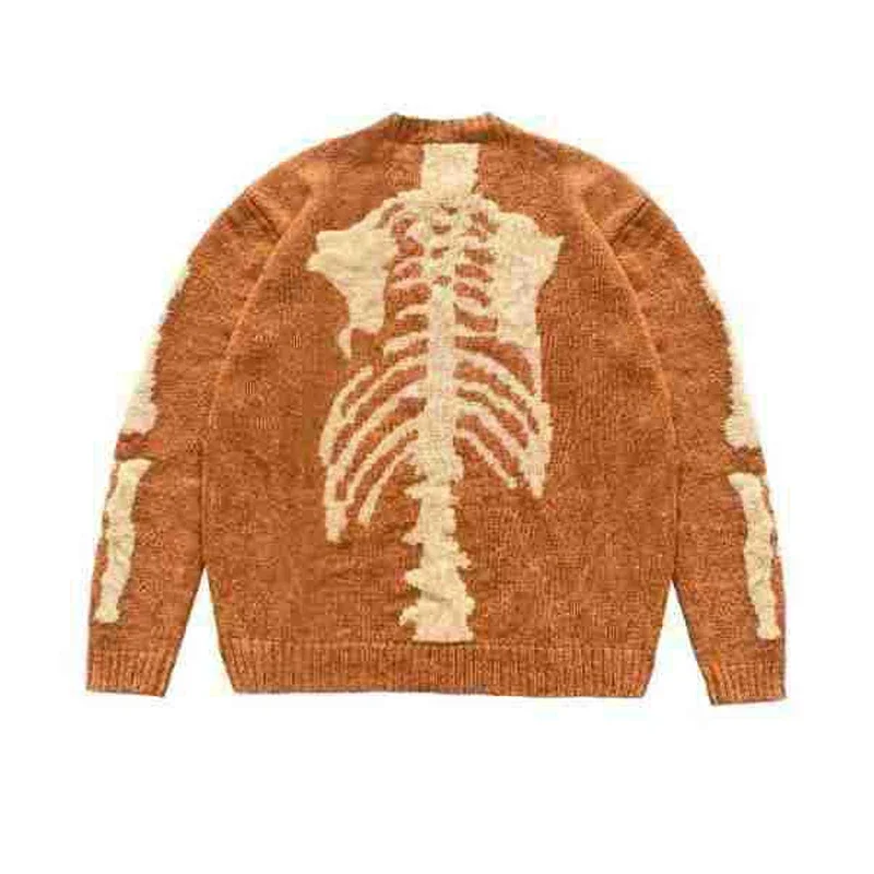 Kapital Vintage Hirata Kazuhiro Round Neck Loose Bone Skeleton Knitted Casual Sweater Orange Pullovers