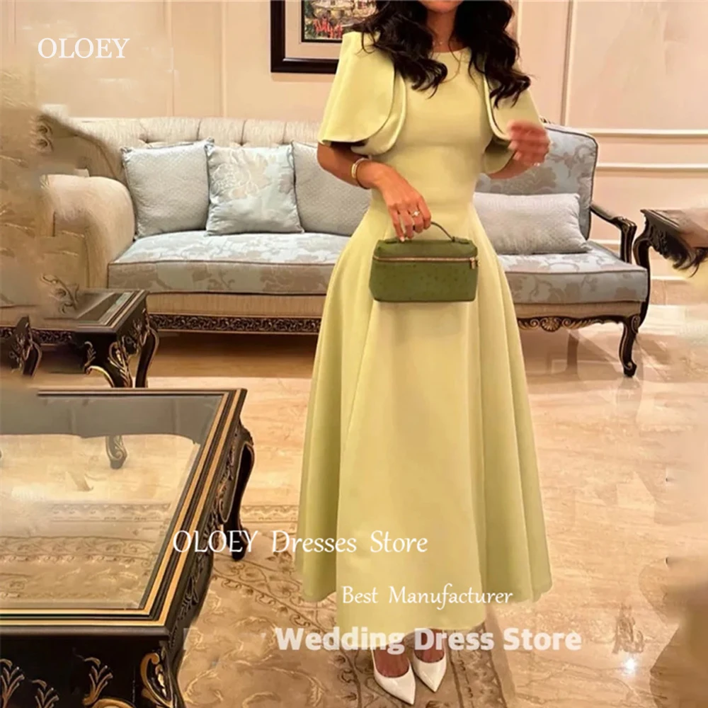 

OLOEY Simple Light Green Evening Party Dresses Saudi Arabic Women Scoop Neck Short Sleeves Ankle Length Vintage Prom Gowns