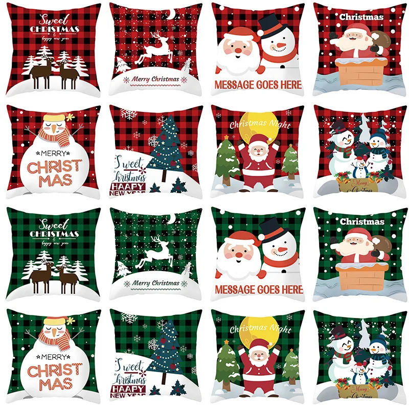 Red green checkered Christmas pattern throw pillow cover with short plush print for living room sofa decoration cushion cover