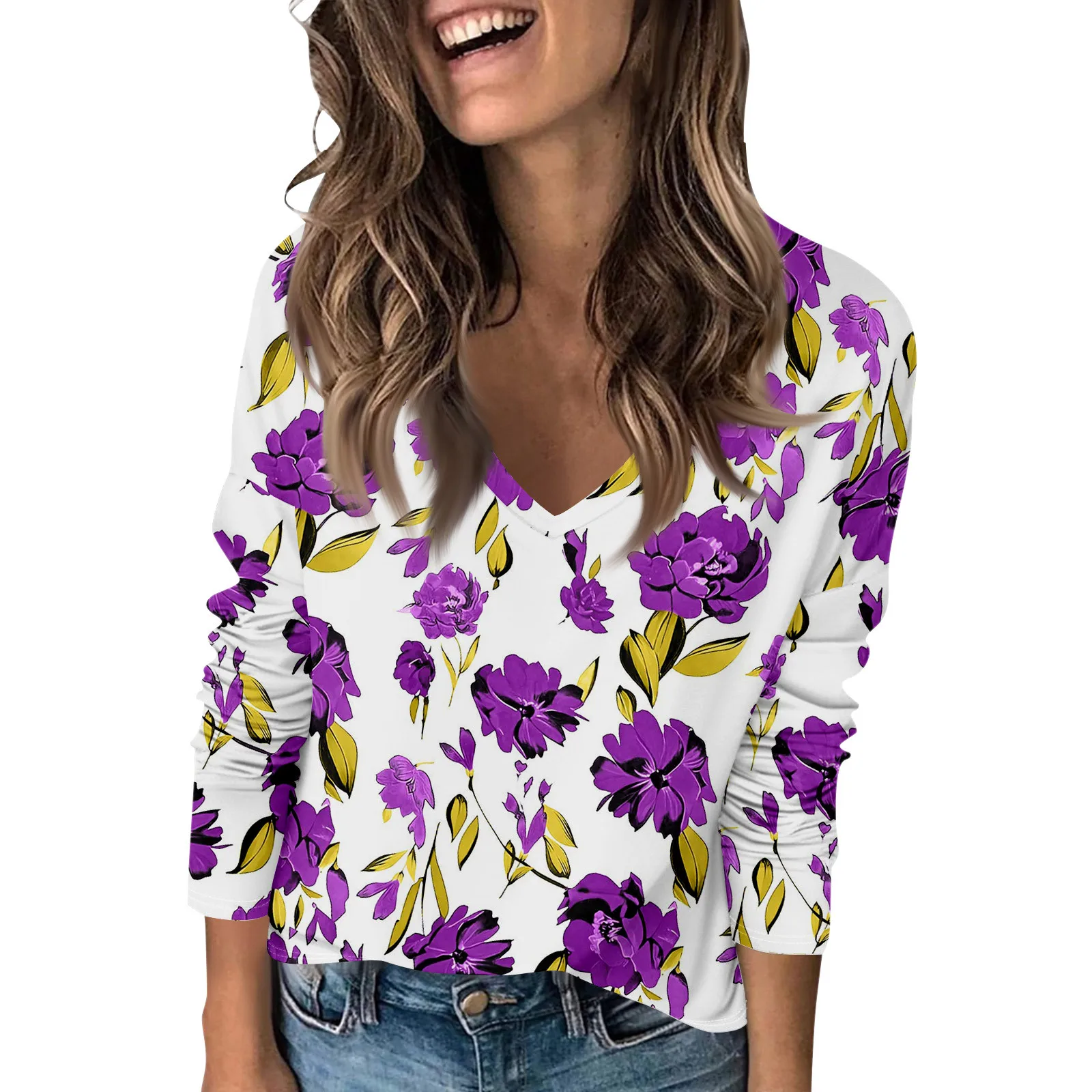 

Playeras De Mujeres Ladies' Fashionable Casual Long Sleeved Retro Floral Print V-Neck Top Women'S T-Shirts Women Clothes