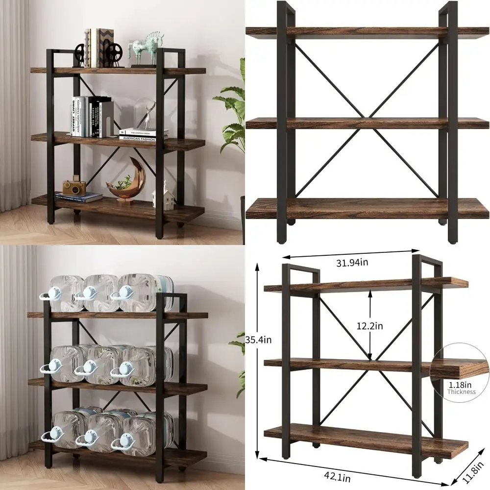 

Modern Rustic 3-Tier Open Bookshelf, Solid Wood Office Bookcase with Metal Shelves, Distressed Wood and Metal Storage Unit